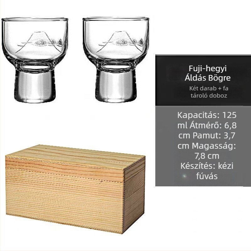 Sake pohár, kézzel vágott, japán stílusú, Liu Zongli tervezés; kapacitás 1-100 ml, üvegb test, fa doboz.