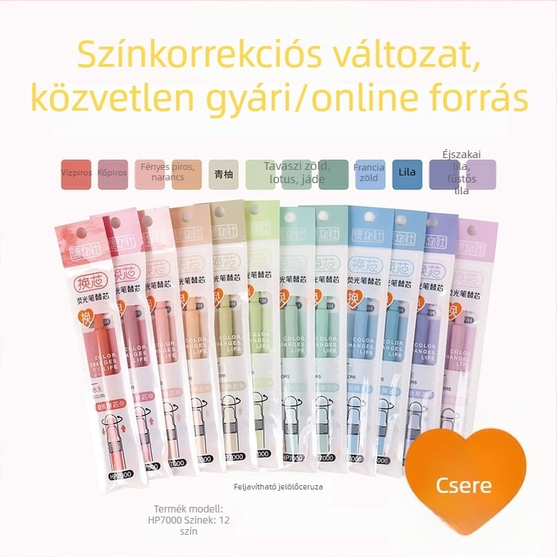 Fluoreszkáló marker toll cserélhető patronnal és puha heggyel (Model HP7500; Műanyag héj; 6 db kis dobozban; Cserélhető patron; Puha hegy)
