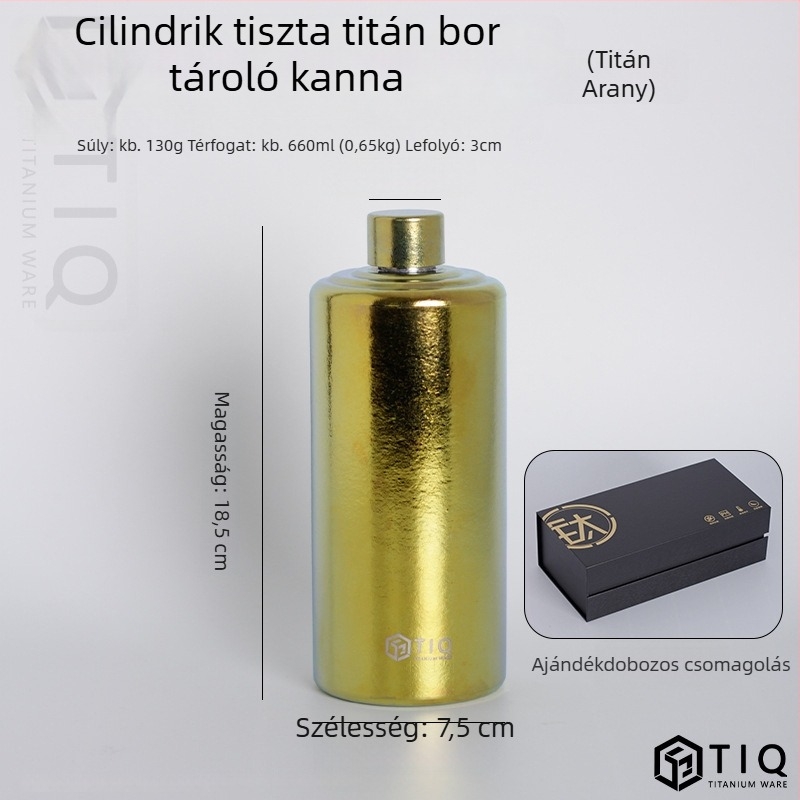 Titánból készült borosüveg – nagy kapacitású, egyenes hengeres forma, zárt, hordozható kültéren és otthoni használatra