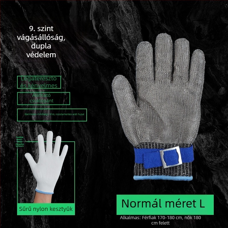 Vágásbiztos kesztyűk, 9. szint, ötujjú 316L rozsdamentes acéldrót kesztyűk munka közben