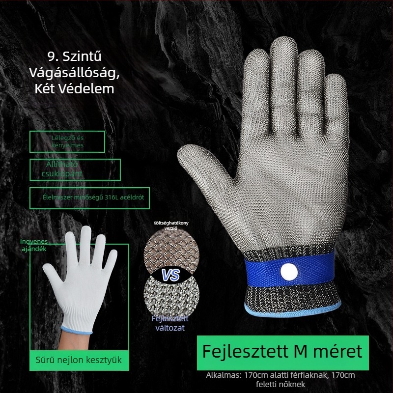 Vágásbiztos kesztyűk, 9. szint, ötujjú 316L rozsdamentes acéldrót kesztyűk munka közben