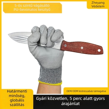 HPPE alapú vágásvédő kesztyű PU bevonattal, 5. szintű védelem, kopásálló, építőipar és üvegfeldolgozás számára