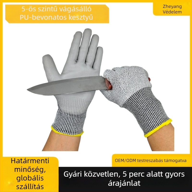 HPPE alapú vágásvédő kesztyű PU bevonattal, 5. szintű védelem, kopásálló, építőipar és üvegfeldolgozás számára