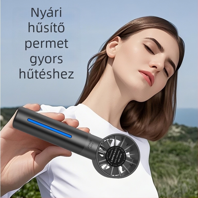 Kézben tartható USB újratölthető permetező ventilátor brushless motorral, 5 lapát, 5 sebességfokozat, beépített 1000–1200mAh akkumulátor, kültéri használatra