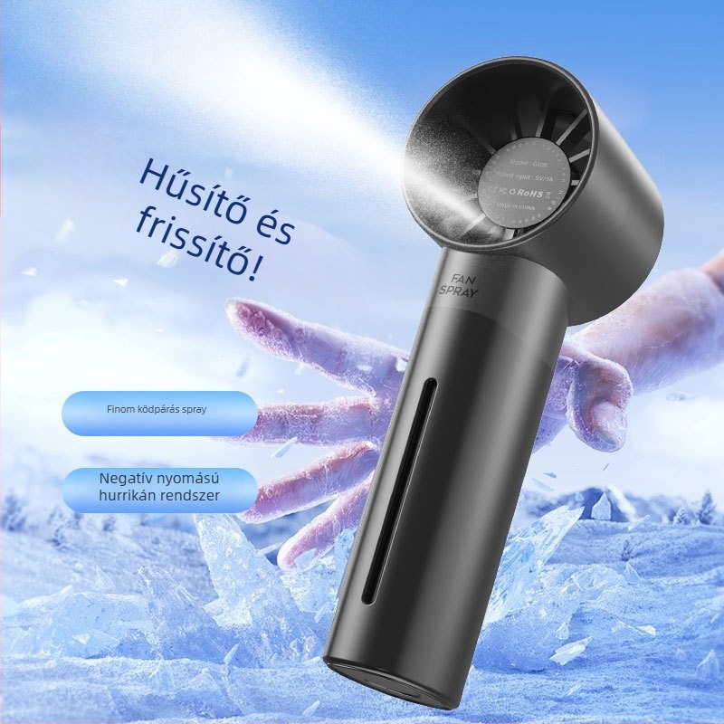 Kézben tartható USB újratölthető permetező ventilátor brushless motorral, 5 lapát, 5 sebességfokozat, beépített 1000–1200mAh akkumulátor, kültéri használatra
