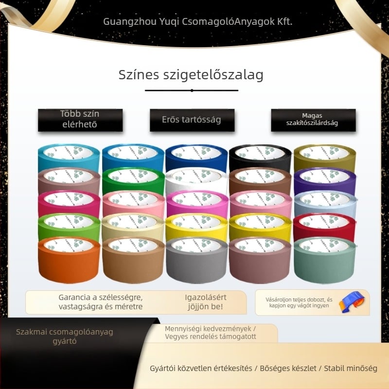 Csomagoló szalag - Magas viszkozitás, erős szilárdság - Alapanyag: BOPP film; Ragasztó: víz alapú nyomásérzékeny ragasztó; Alkalmazás: zárás és csomagolás