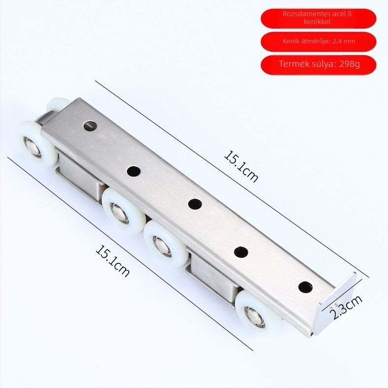 Beltéri tolóajtó görgő, anyag: rozsdamentes acél / cink ötvözet; külső Ø22 mm; tengely Ø20 mm; max terhelés 10 kg görgőnként; kötélbarázda sugara 10.5 mm; elérhető 4/6/8/12 görgő