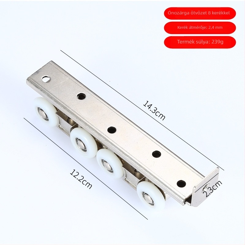 Beltéri tolóajtó görgő, anyag: rozsdamentes acél / cink ötvözet; külső Ø22 mm; tengely Ø20 mm; max terhelés 10 kg görgőnként; kötélbarázda sugara 10.5 mm; elérhető 4/6/8/12 görgő