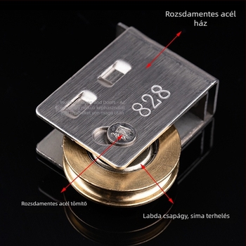 828 típusú rozsdamentes acél csúszó ajtó alsó görgője, külső Ø28 mm, tengely Ø14,4 mm, teherbírás 50 kg, alkalmas alumínium ajtókhoz és ablakokhoz