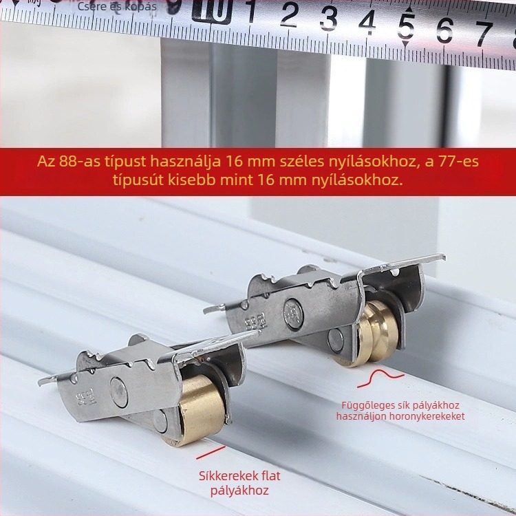 Csúszóajtó görgő rozsdamentes acél testtel és réz kerékkel, falvastagság 1,8 mm, modell Plastic steel door and window pulleys