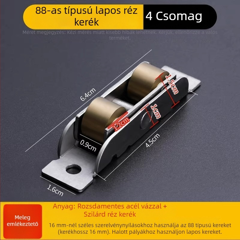 Csúszóajtó görgő rozsdamentes acél testtel és réz kerékkel, falvastagság 1,8 mm, modell Plastic steel door and window pulleys