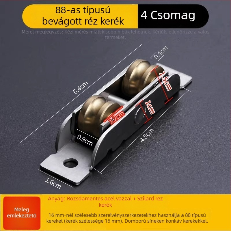 Csúszóajtó görgő rozsdamentes acél testtel és réz kerékkel, falvastagság 1,8 mm, modell Plastic steel door and window pulleys