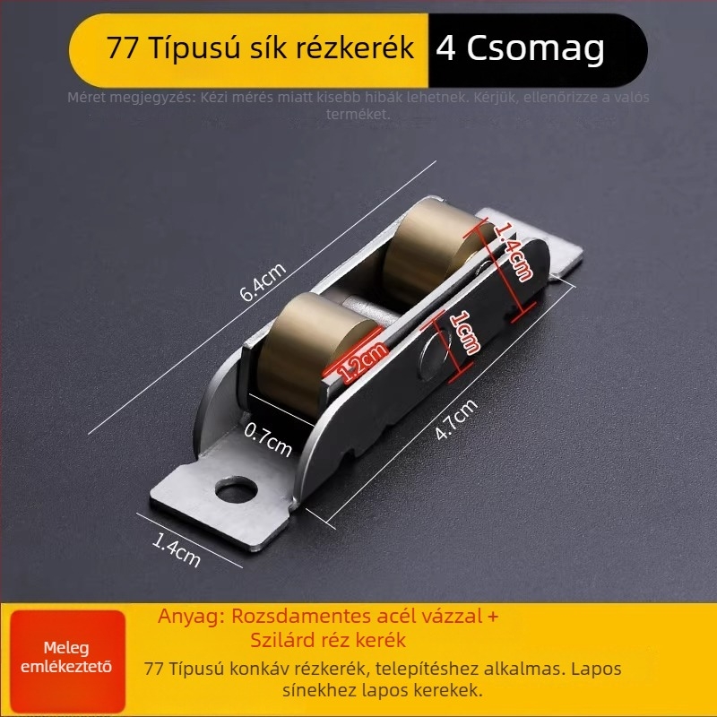 Csúszóajtó görgő rozsdamentes acél testtel és réz kerékkel, falvastagság 1,8 mm, modell Plastic steel door and window pulleys