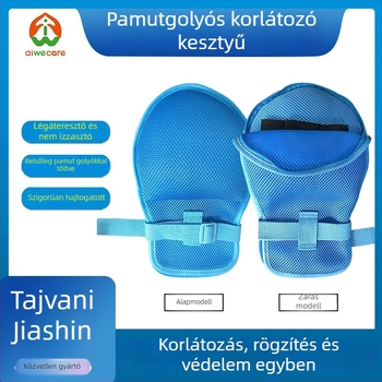 Ágyhoz kötött idős személyeknek készülő korlátozó kesztyűk, hálós poliészter anyag, bélés pamut, meleg, porvédett, vágásálló