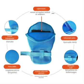 Ágyhoz kötött idős személyeknek készülő korlátozó kesztyűk, hálós poliészter anyag, bélés pamut, meleg, porvédett, vágásálló