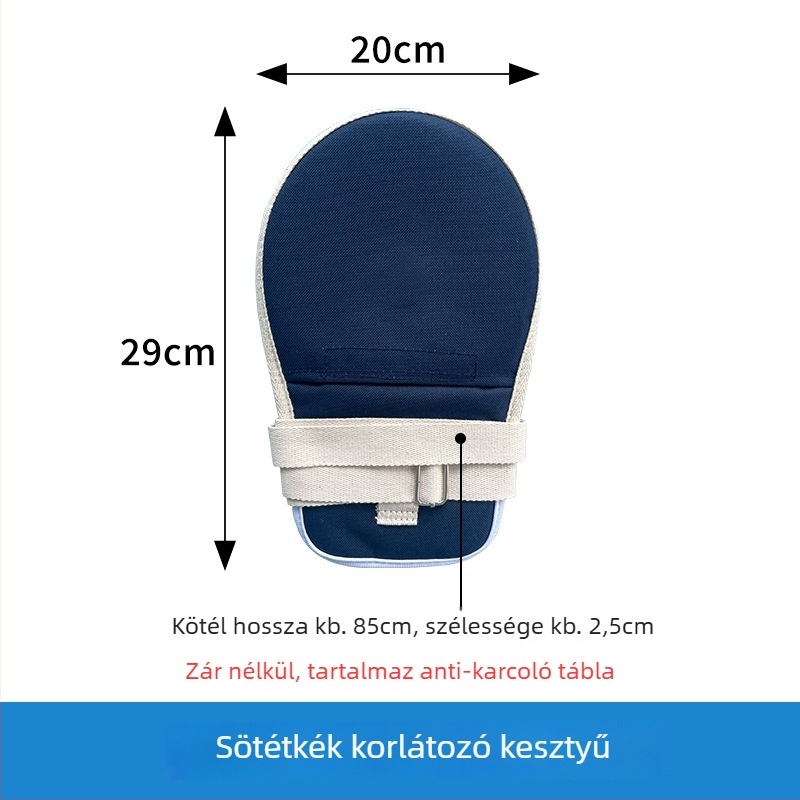 Ágyhoz kötött idős személyeknek készülő korlátozó kesztyűk, hálós poliészter anyag, bélés pamut, meleg, porvédett, vágásálló