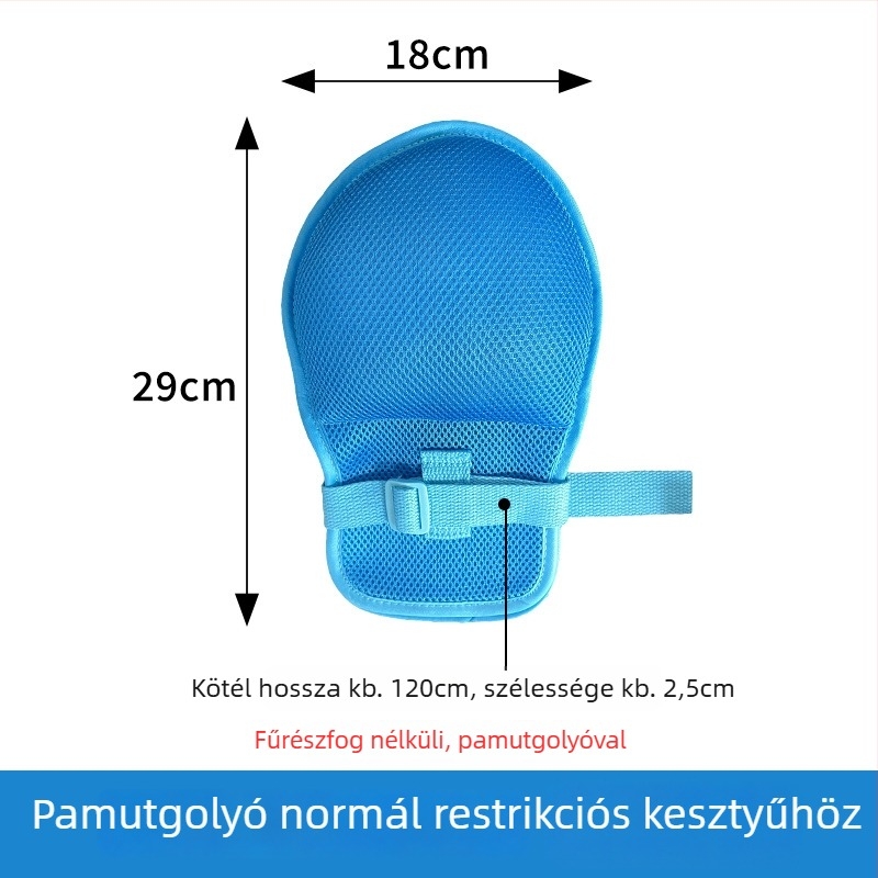 Ágyhoz kötött idős személyeknek készülő korlátozó kesztyűk, hálós poliészter anyag, bélés pamut, meleg, porvédett, vágásálló