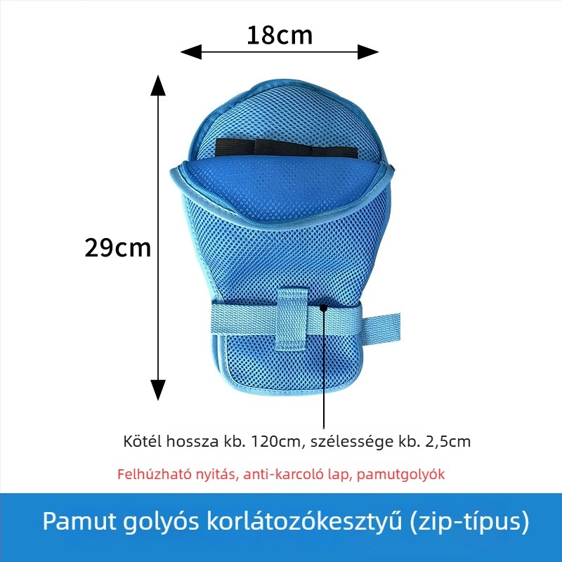 Ágyhoz kötött idős személyeknek készülő korlátozó kesztyűk, hálós poliészter anyag, bélés pamut, meleg, porvédett, vágásálló