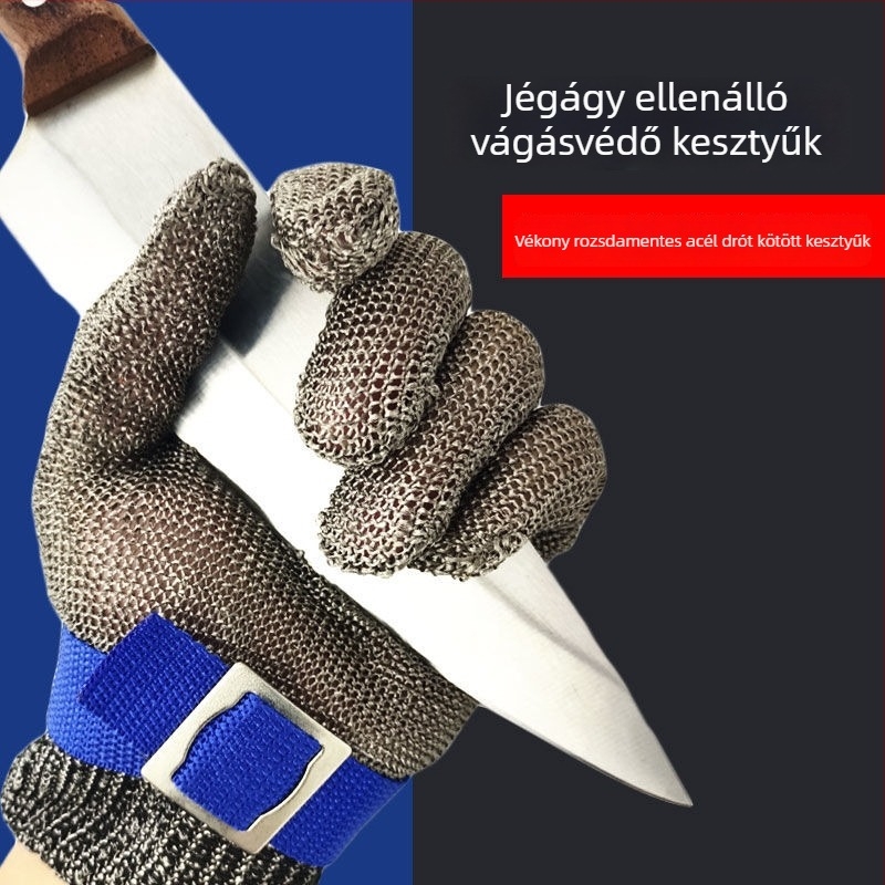Rozsdamentes acélból készült 5. szintű anti-cut védőkesztyű elektromos fűrészhez és fémhuzal vágáshoz – használat a vágóhídon