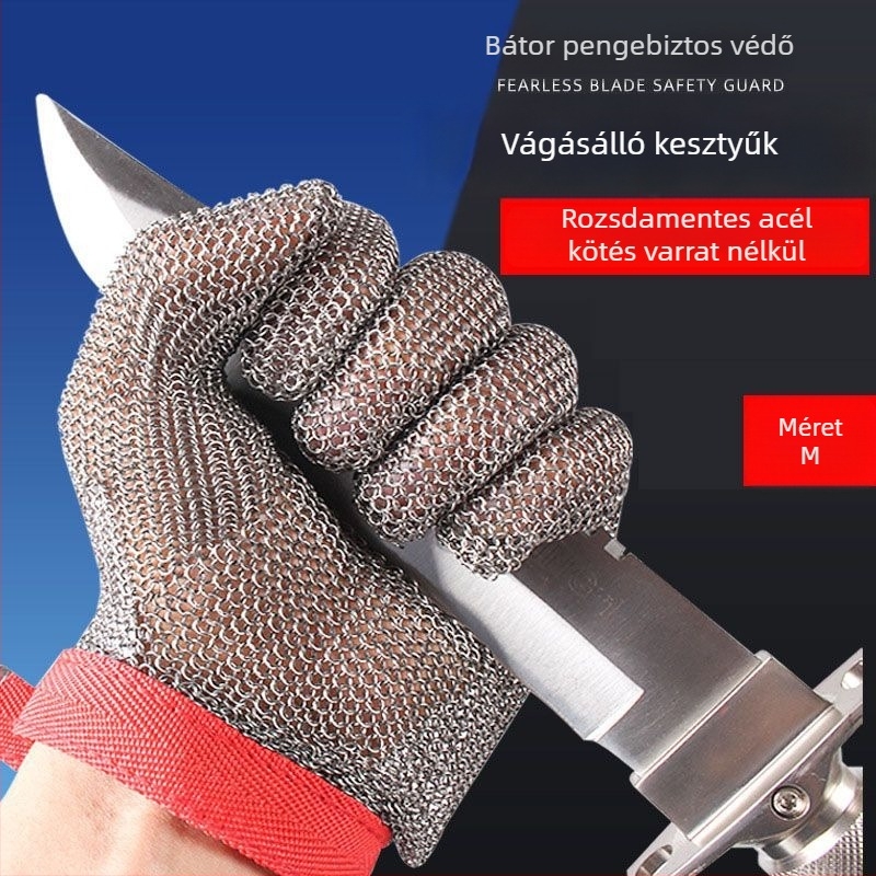 Rozsdamentes acélból készült 5. szintű anti-cut védőkesztyű elektromos fűrészhez és fémhuzal vágáshoz – használat a vágóhídon