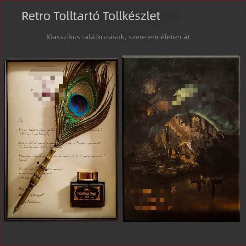 Páva toll merülő toll készlet, ötvözet tollheggyel, modell SW-914, tolltartóval, ajándékdobozban