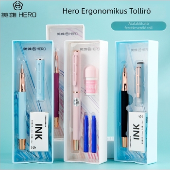 Hero A25 sorozat toll tanulói kalligráfiához, fémből készült test, iridium tollhegye, cserélhető tinta tasak/abszorber rendszer, akril ajándékdoboza