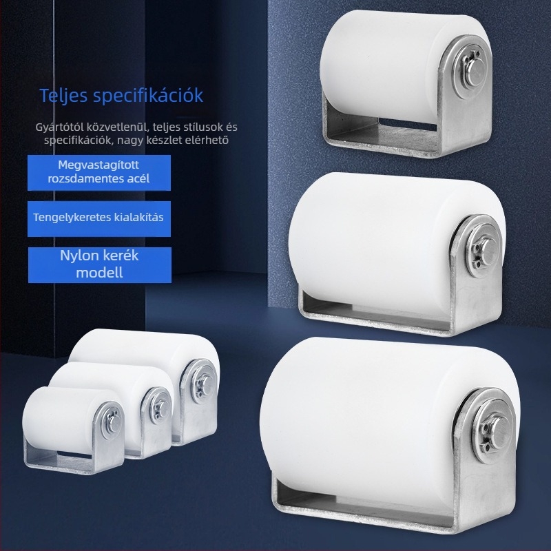 Rozsdamentes acélból készült görgő nylonos görgővel csúszóajtókhoz, pozicionáló kerék, teherbíró kettős csapágyas görgő, ipari felhasználás; méretek 40×50 / 40×65 / 50×65