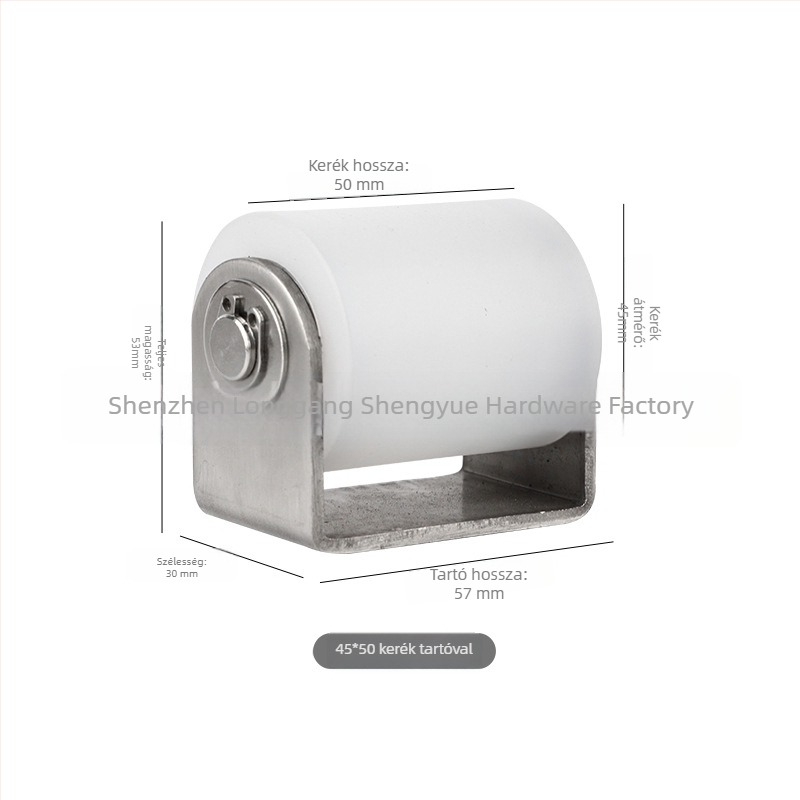 Rozsdamentes acélból készült görgő nylonos görgővel csúszóajtókhoz, pozicionáló kerék, teherbíró kettős csapágyas görgő, ipari felhasználás; méretek 40×50 / 40×65 / 50×65