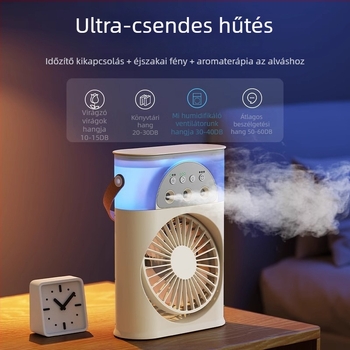 Hordozható USB-s levegőhűtő permetezős, 3 fúvóka, brushless motor, beépített 2000–4000 mAh akkumulátor, 5 sebesség, 3–6 óra üzemidő.