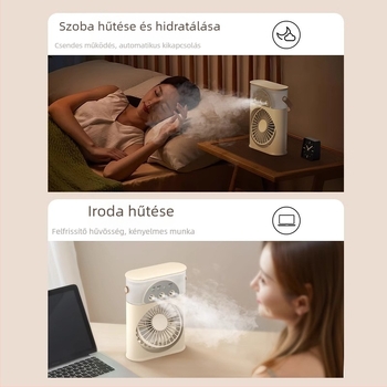 Hordozható USB-s levegőhűtő permetezős, 3 fúvóka, brushless motor, beépített 2000–4000 mAh akkumulátor, 5 sebesség, 3–6 óra üzemidő.