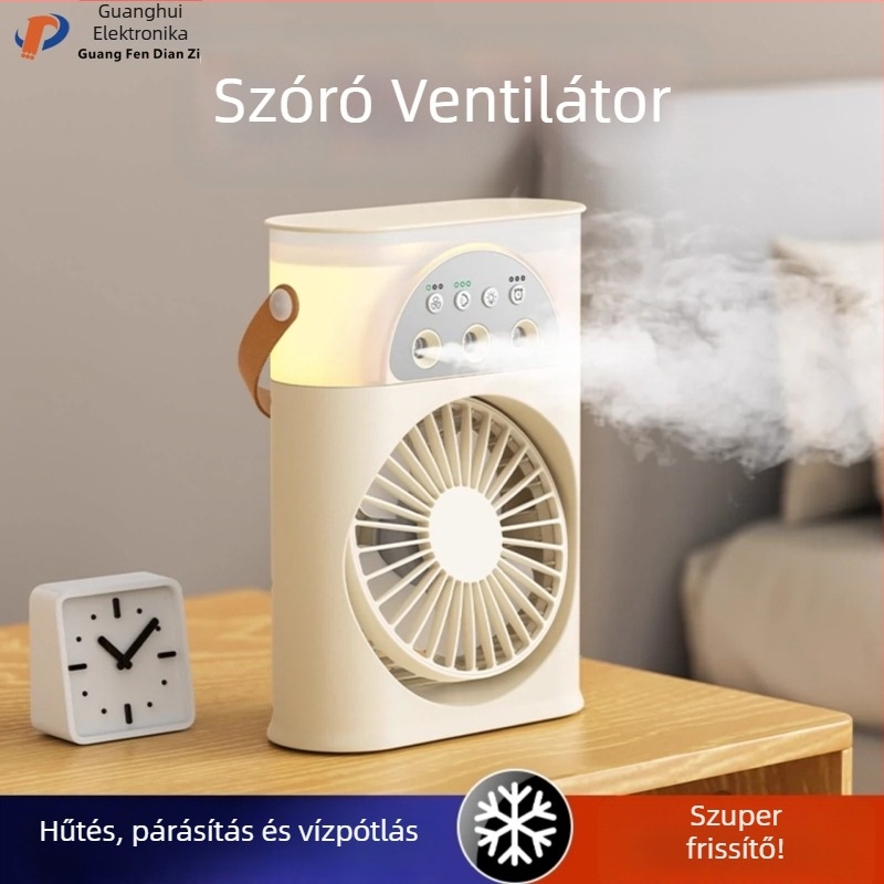 Hordozható USB-s levegőhűtő permetezős, 3 fúvóka, brushless motor, beépített 2000–4000 mAh akkumulátor, 5 sebesség, 3–6 óra üzemidő.