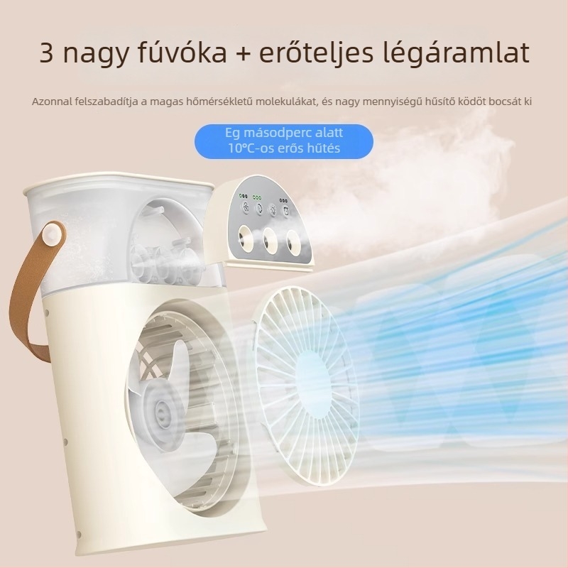 Hordozható USB-s levegőhűtő permetezős, 3 fúvóka, brushless motor, beépített 2000–4000 mAh akkumulátor, 5 sebesség, 3–6 óra üzemidő.