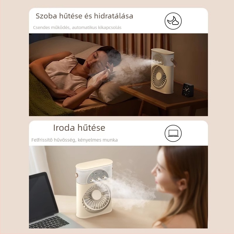 Hordozható USB-s levegőhűtő permetezős, 3 fúvóka, brushless motor, beépített 2000–4000 mAh akkumulátor, 5 sebesség, 3–6 óra üzemidő.