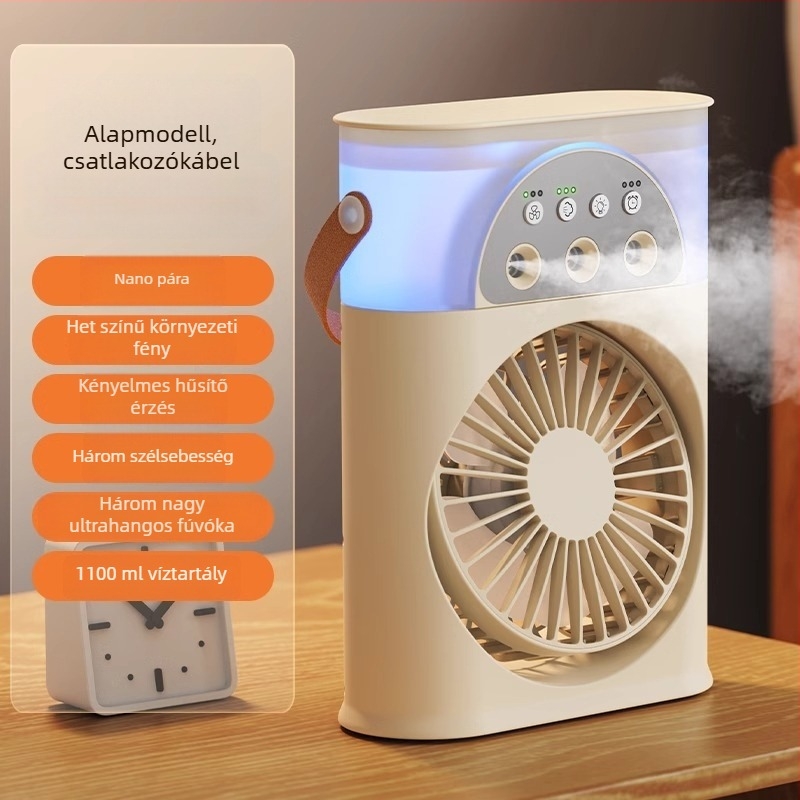 Hordozható USB-s levegőhűtő permetezős, 3 fúvóka, brushless motor, beépített 2000–4000 mAh akkumulátor, 5 sebesség, 3–6 óra üzemidő.