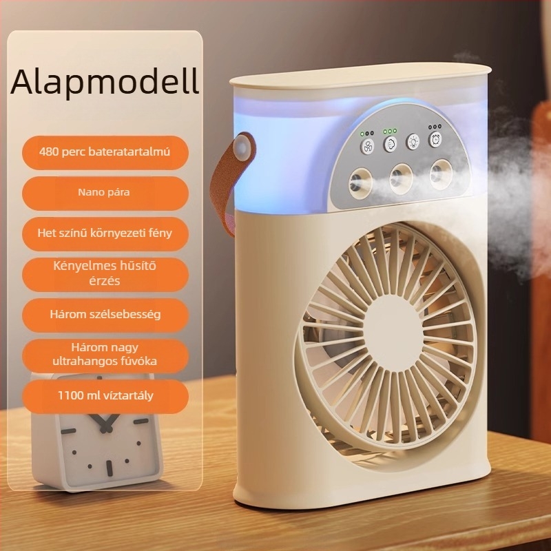 Hordozható USB-s levegőhűtő permetezős, 3 fúvóka, brushless motor, beépített 2000–4000 mAh akkumulátor, 5 sebesség, 3–6 óra üzemidő.