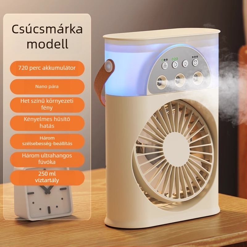 Hordozható USB-s levegőhűtő permetezős, 3 fúvóka, brushless motor, beépített 2000–4000 mAh akkumulátor, 5 sebesség, 3–6 óra üzemidő.