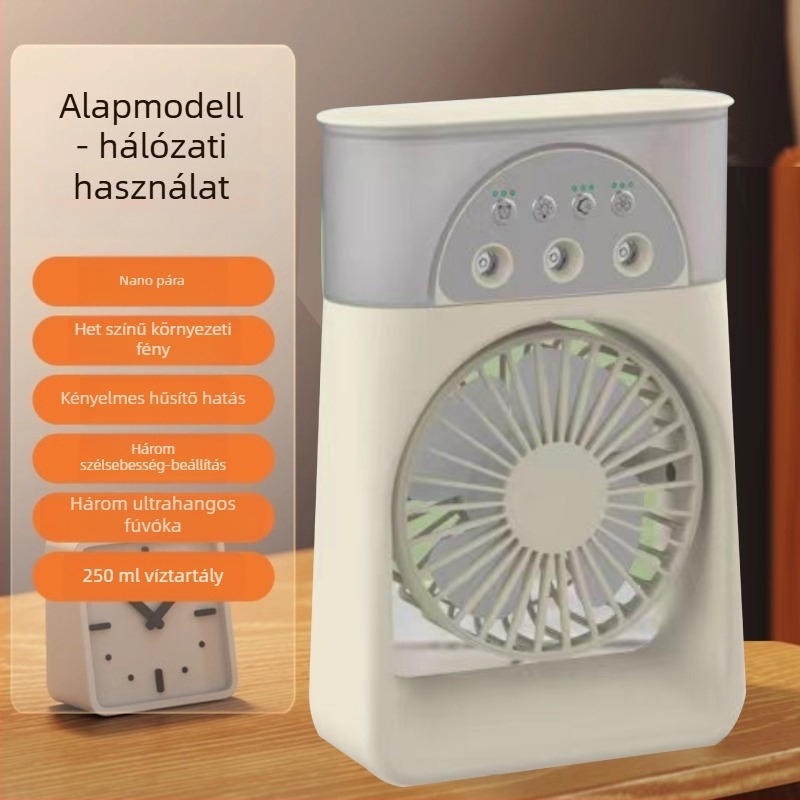 Hordozható USB-s levegőhűtő permetezős, 3 fúvóka, brushless motor, beépített 2000–4000 mAh akkumulátor, 5 sebesség, 3–6 óra üzemidő.