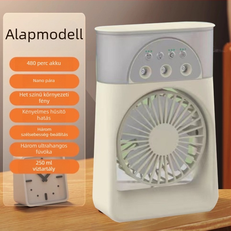 Hordozható USB-s levegőhűtő permetezős, 3 fúvóka, brushless motor, beépített 2000–4000 mAh akkumulátor, 5 sebesség, 3–6 óra üzemidő.