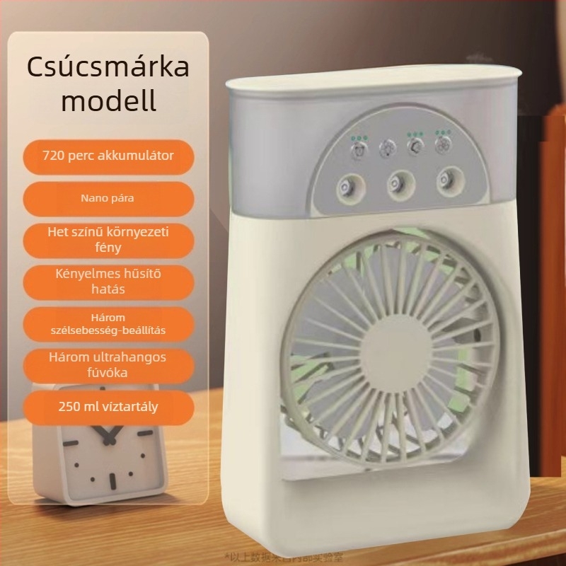 Hordozható USB-s levegőhűtő permetezős, 3 fúvóka, brushless motor, beépített 2000–4000 mAh akkumulátor, 5 sebesség, 3–6 óra üzemidő.
