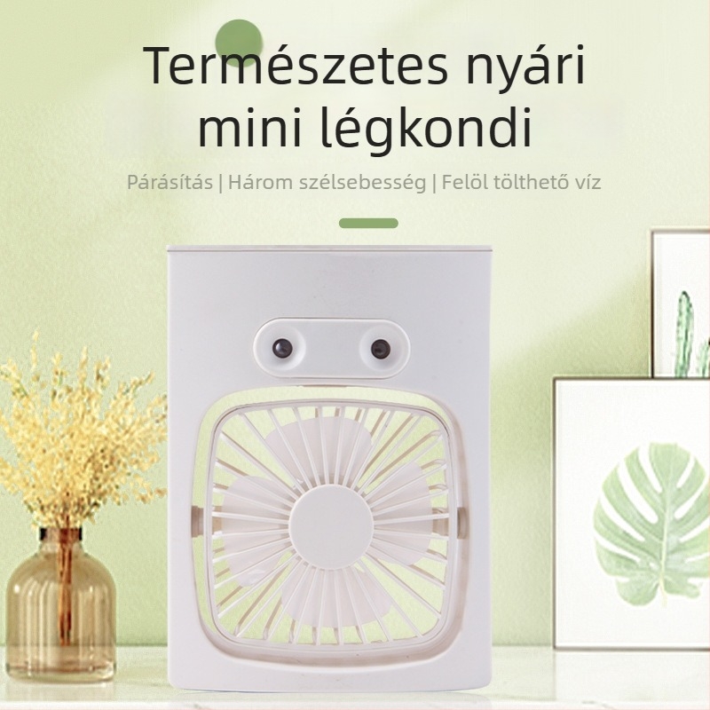 Hordozható USB-s levegőhűtő permetezős, 3 fúvóka, brushless motor, beépített 2000–4000 mAh akkumulátor, 5 sebesség, 3–6 óra üzemidő.