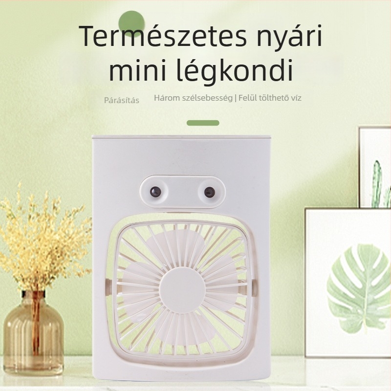 Hordozható USB-s levegőhűtő permetezős, 3 fúvóka, brushless motor, beépített 2000–4000 mAh akkumulátor, 5 sebesség, 3–6 óra üzemidő.