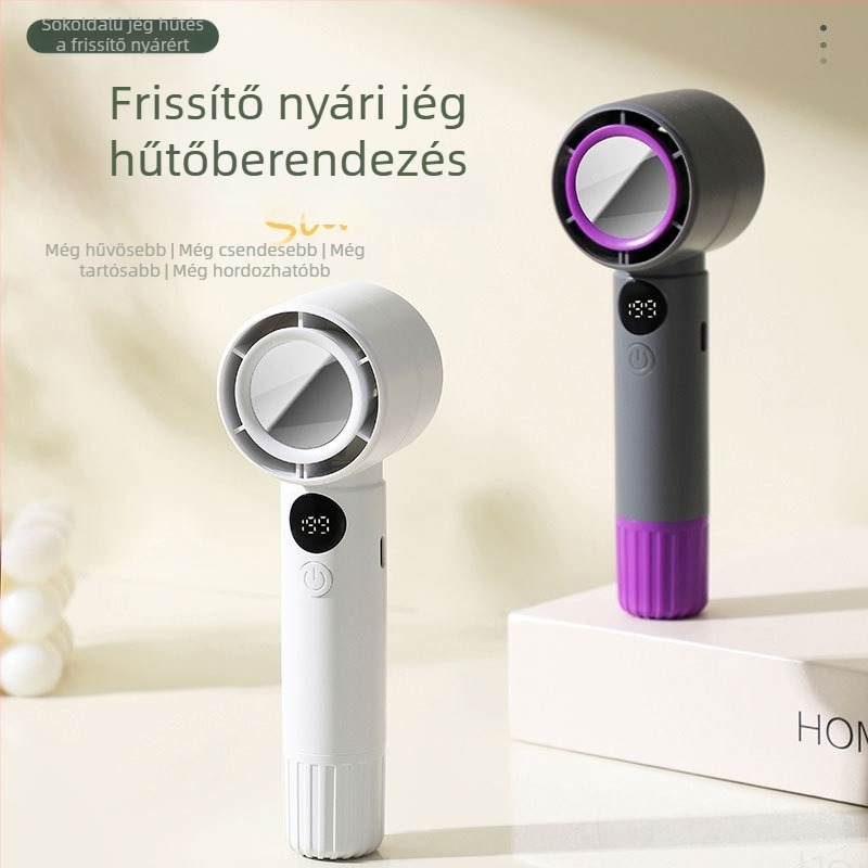 Hordozható USB-s levegőhűtő permetezős, 3 fúvóka, brushless motor, beépített 2000–4000 mAh akkumulátor, 5 sebesség, 3–6 óra üzemidő.