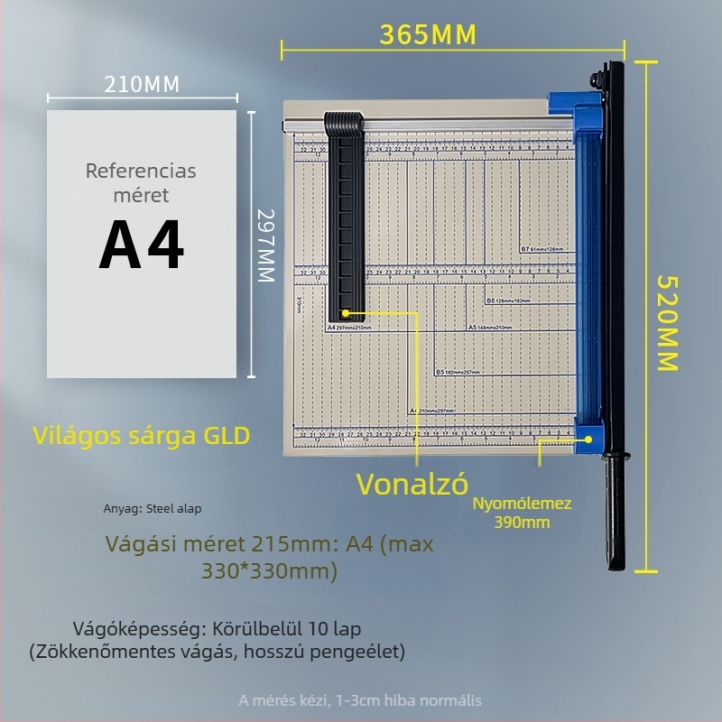 Kézi papírvágó, A3/A4/B5, rozsdamentes acél, irodai és otthoni használatra, fényképekhez és szövegekhez