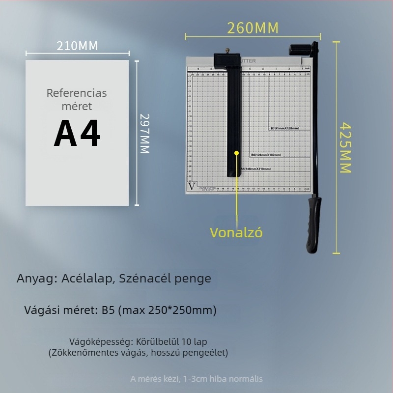 Kézi papírvágó, A3/A4/B5, rozsdamentes acél, irodai és otthoni használatra, fényképekhez és szövegekhez