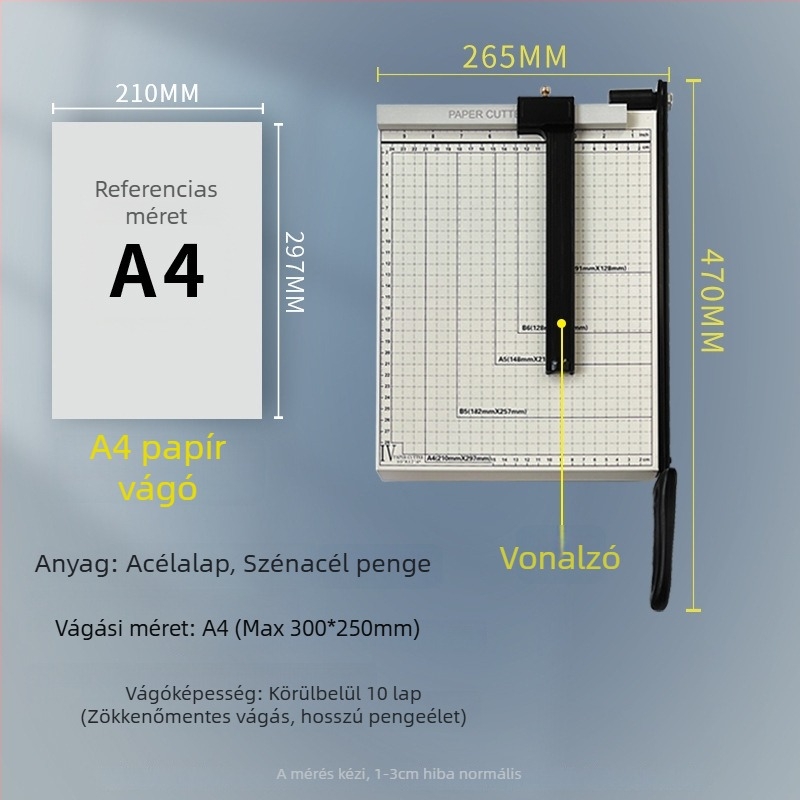 Kézi papírvágó, A3/A4/B5, rozsdamentes acél, irodai és otthoni használatra, fényképekhez és szövegekhez