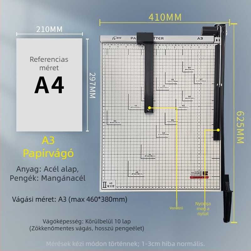 Kézi papírvágó, A3/A4/B5, rozsdamentes acél, irodai és otthoni használatra, fényképekhez és szövegekhez