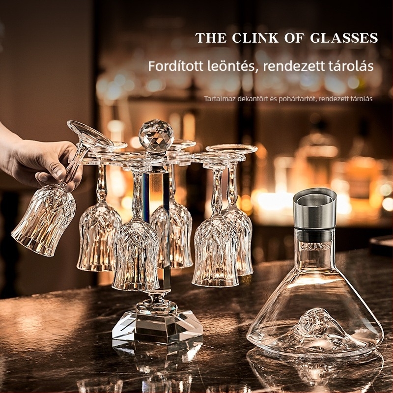 Kristály pohár és dekantáló készlet, 6 darab, Green Apple márka, könnyű luxus stílus, retro dizájn, pohártartóval