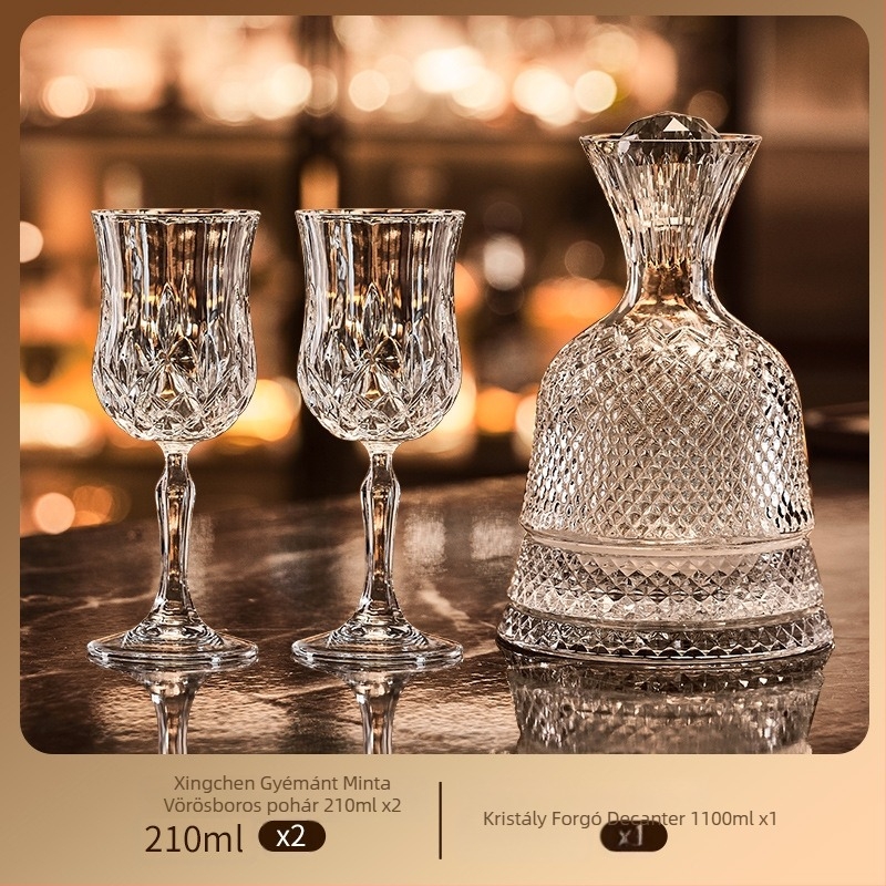 Kristály pohár és dekantáló készlet, 6 darab, Green Apple márka, könnyű luxus stílus, retro dizájn, pohártartóval