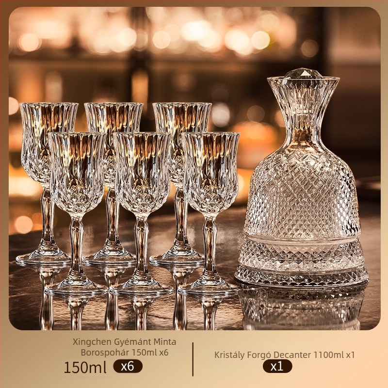 Kristály pohár és dekantáló készlet, 6 darab, Green Apple márka, könnyű luxus stílus, retro dizájn, pohártartóval