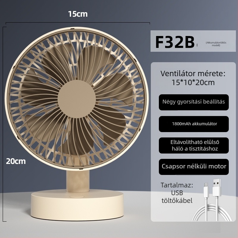 USB asztali ventilátor 4 sebességgel, brushless motor, beépített 1200-2000mAh akkumulátor, alacsony zajszint 36 dB alatt, alkalmas 5–30 m²-re